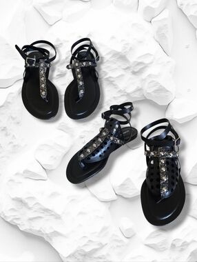 Andrea Morando Women's Black Leather Studded Gladiator Sandals